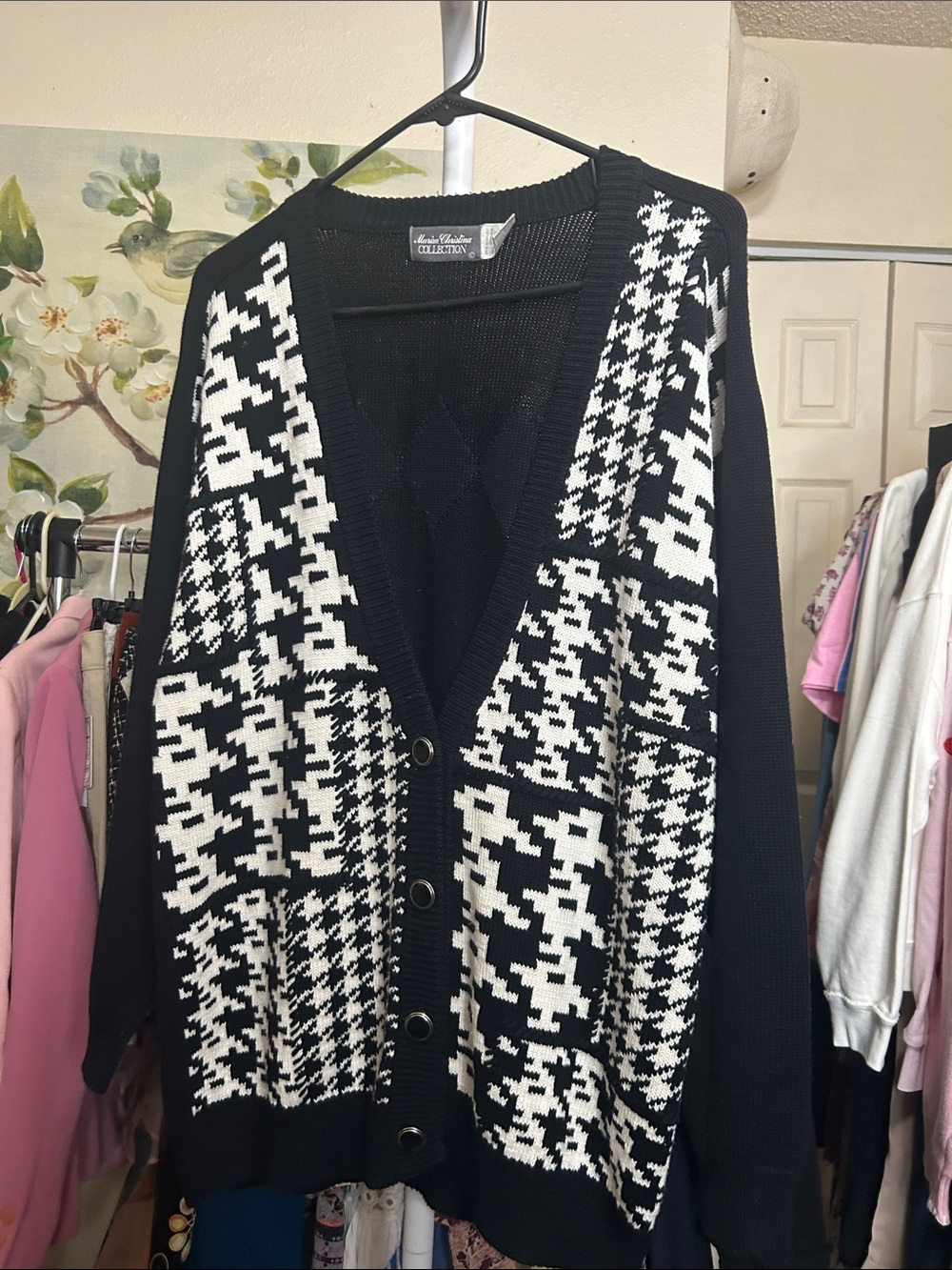 Marisa Christina Black and White Houndstooth Patchwork Cardigan